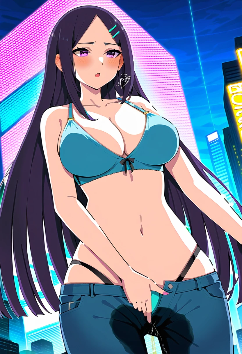 (masterpiece:1.37), best quality, (extremely detailed:1.37), woman, (mature:1.5), adult, large breasts, very long hair, (straight hair:1.5), dark purple hair, purple eyes, (extremely detailed eyes:1.37), crop top, cleavage, navel, jeans, (groin:1.25), desperation, (wetting: self 3.0), standing, city, futuristic, neon lighting, high-tech, street, (masturbation:1.5), (hand in pants:1.5)