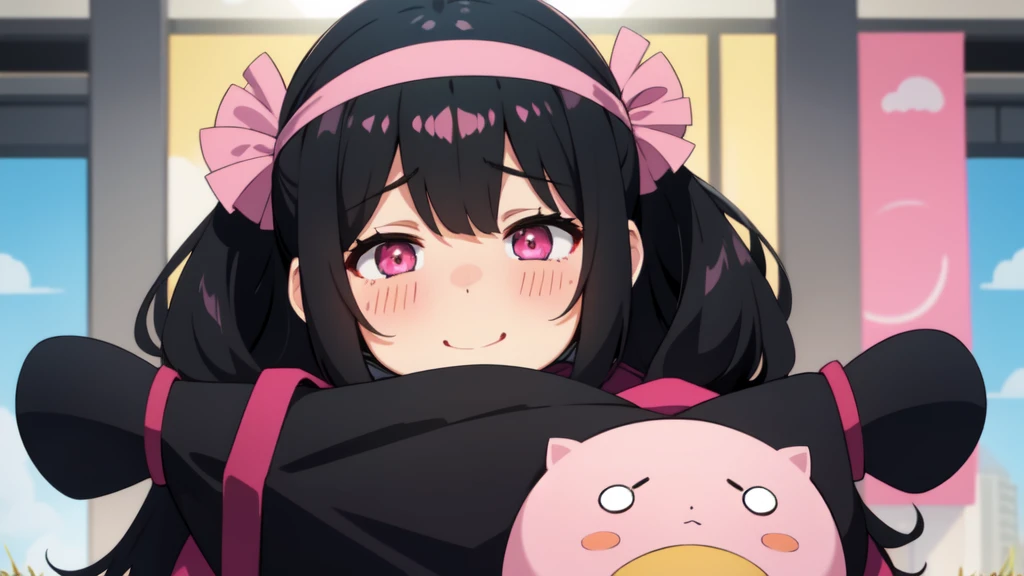 One girl,Black Hair,Pink eyes,(blush:1.1)、Shy open-mouthed face、 ((Heavy breathing:1.3)), like,  smile、Big Breastaid Cosplay)、whole body