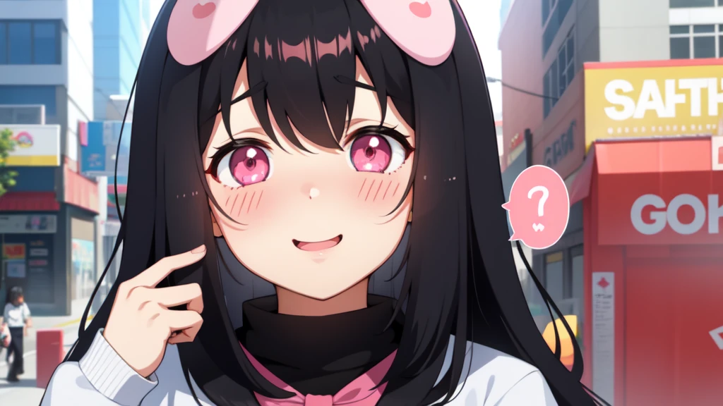 One girl,Black Hair,Pink eyes,(blush:1.1)、Shy open-mouthed face、 ((Heavy breathing:1.3)), like,  smile、Big Breastaid Cosplay)、whole body