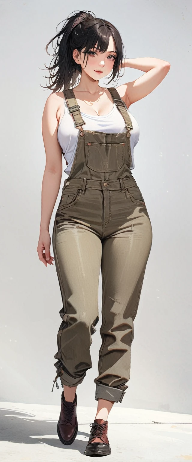 20 years old,1 mature woman,hyperrealistic, 8k, (extremely detailed 8k), (very delicate and beautiful), (masterpiece), (better quality:1.0), (ultra high resolution:1.0), (masterpiece, best quality),cute,black hair,big breasts,ponytail,POV,overalls,full body,white background,realistic skin,looking at viewer