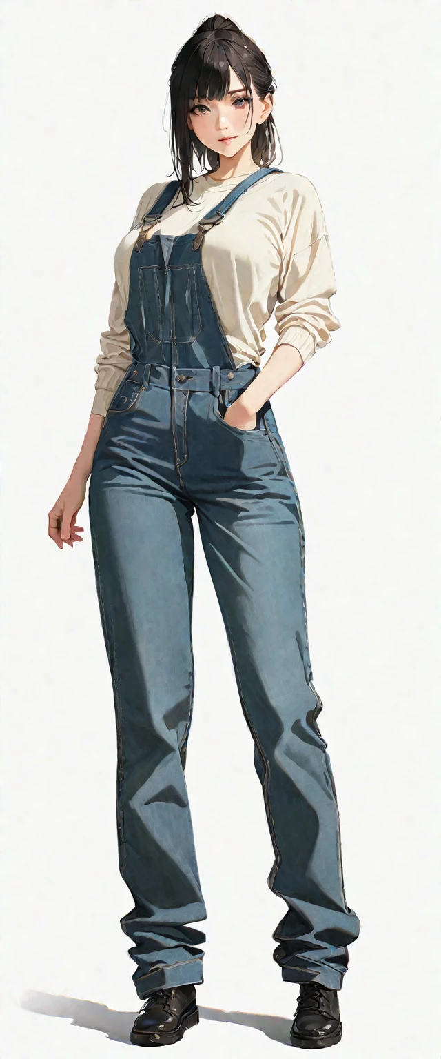 20 years old,1 mature woman,hyperrealistic, 8k, (extremely detailed 8k), (very delicate and beautiful), (masterpiece), (better quality:1.0), (ultra high resolution:1.0), (masterpiece, best quality),cute,black hair,big breasts,ponytail,POV,overalls,full body,white background,realistic skin,looking at viewer