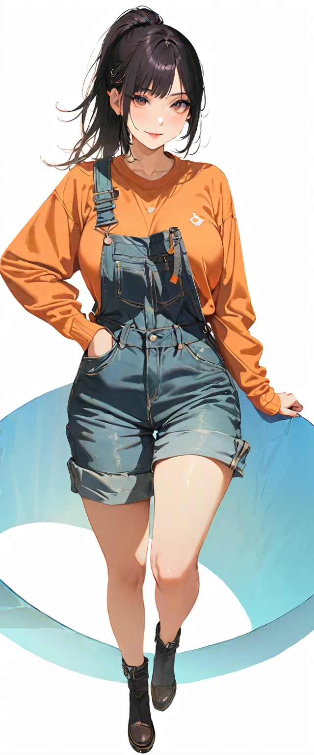 20 years old,1 mature woman,hyperrealistic, 8k, (extremely detailed 8k), (very delicate and beautiful), (masterpiece), (better quality:1.0), (ultra high resolution:1.0), (masterpiece, best quality),cute,black hair,big breasts,ponytail,POV,overalls,full body,white background,realistic skin,looking at viewer