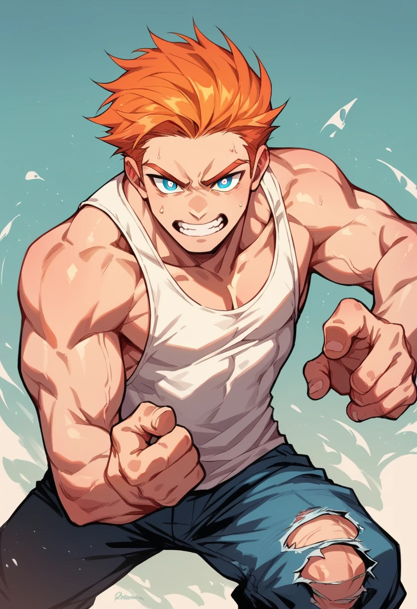 human Male Adolescent  With orange hair , tank top , blue pupils,Ripped pants  ,Cool pose ,