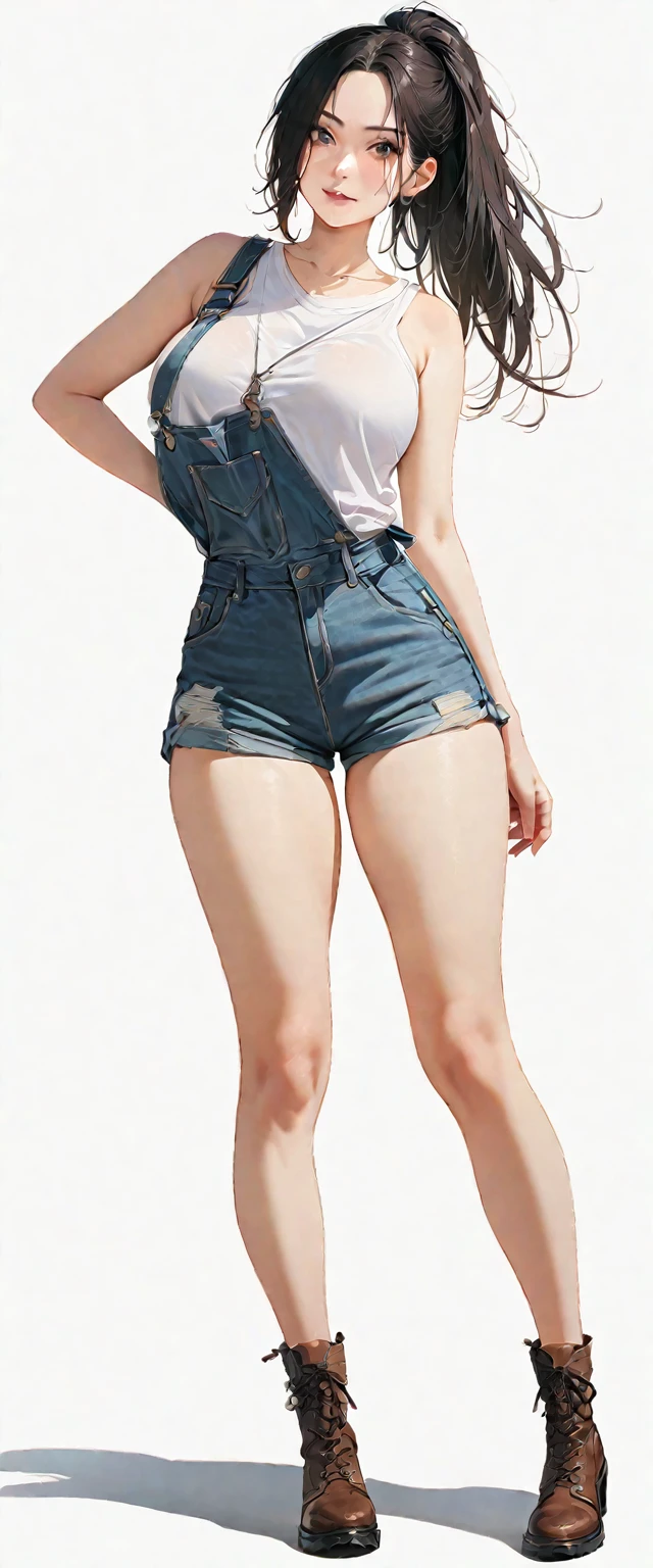 20 years old,1 mature woman,hyperrealistic, 8k, (extremely detailed 8k), (very delicate and beautiful), (masterpiece), (better quality:1.0), (ultra high resolution:1.0), (masterpiece, best quality),cute,black hair,big breasts,ponytail,POV,overalls,full body,white background,realistic skin,looking at viewer