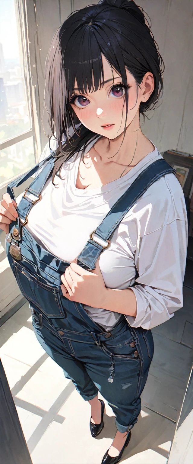 20 years old,1 mature woman,hyperrealistic, 8k, (extremely detailed 8k), (very delicate and beautiful), (masterpiece), (better quality:1.0), (ultra high resolution:1.0), (masterpiece, best quality),cute,black hair,big breasts,ponytail,POV,overalls,full body,white background,realistic skin,looking at viewer