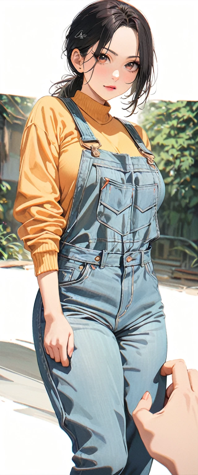 20 years old,1 mature woman,hyperrealistic, 8k, (extremely detailed 8k), (very delicate and beautiful), (masterpiece), (better quality:1.0), (ultra high resolution:1.0), (masterpiece, best quality),cute,black hair,big breasts,ponytail,POV,overalls,full body,white background,realistic skin,looking at viewer