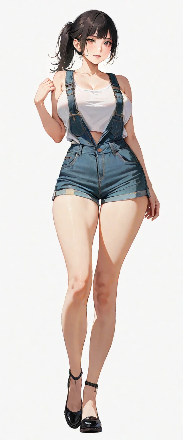 20 years old,1 mature woman,hyperrealistic, 8k, (extremely detailed 8k), (very delicate and beautiful), (masterpiece), (better quality:1.0), (ultra high resolution:1.0), (masterpiece, best quality),cute,black hair,big breasts,ponytail,POV,overalls,full body,white background,realistic skin,looking at viewer
