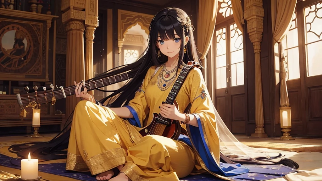 Create an anime-style image of a 16-year-old girl named Mellow. Mellow should have the following characteristics:Eyes: Blue, reflecting a serene and calm expression.Hair: Long, straight, and black, flowing smoothly down her back.Expression: Serene and peaceful, with a gentle smile that conveys tranquility.Outfit: Mellow should be dressed in a traditional Indian Anarkali suit, which is a long, flowy dress that is fitted at the top and flares out at the bottom. The Anarkali suit should be beautifully embroidered, reflecting traditional Indian style. Use rich and detailed colors and patterns to showcase intricate designs.Accessories: Minimal, such as a simple bracelet or necklace to highlight her natural beauty and the traditional attire.Pose and Setting:Pose: Emphasize Mellow playing the sitar. She should be sitting with the sitar in her hands, strumming the strings with a focused yet relaxed expression. The sitar should be detailed, showing the long neck, gourd resonator, and numerous strings. Her fingers should be positioned on the frets and strumming the strings, capturing the action of playing music. The sitar should have traditional ornate designs, with visible tuning pegs and frets.Setting: The background should depict a cozy, well-lit indoor setting, creating a peaceful and relaxing atmosphere. Include elements like soft lighting, traditional Indian decor, and a serene ambiance to enhance the setting.Negative Prompt: Ensure no text is included in the image."