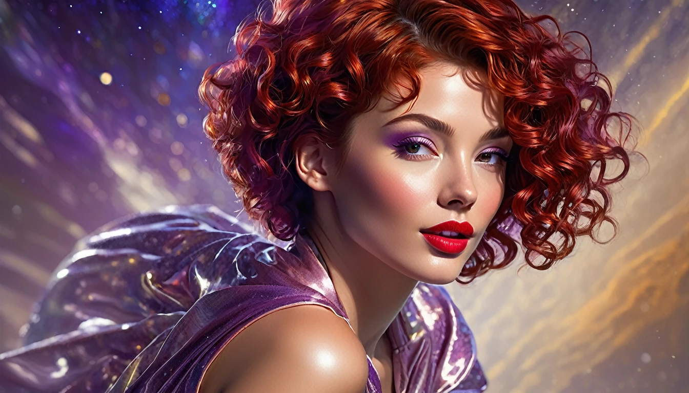 High-quality realistic acrylic painting, lateral back view, VIVID COLORS, a beautiful woman with short curly red hair, red lips, looking at the viewer with suspicious face and a shy smile. She wears beige AND purple shiny ultra-glossy armor, with the hands in waist, against a deep space background