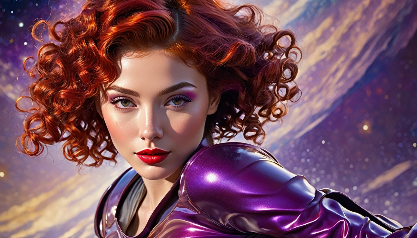 High-quality realistic acrylic painting, lateral back view, VIVID COLORS, a beautiful woman with short curly red hair, red lips, looking at the viewer with suspicious face and a shy smile. She wears beige AND purple shiny ultra-glossy armor, with the hands in waist, against a deep space background