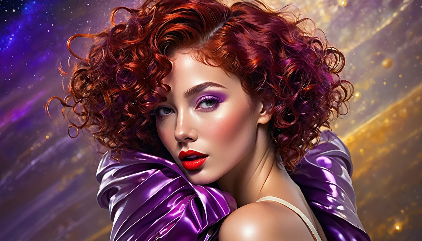 High-quality realistic acrylic painting, lateral back view, VIVID COLORS, a beautiful woman with short curly red hair, red lips, looking at the viewer with suspicious face and a shy smile. She wears beige AND purple shiny ultra-glossy armor, with the hands in waist, against a deep space background