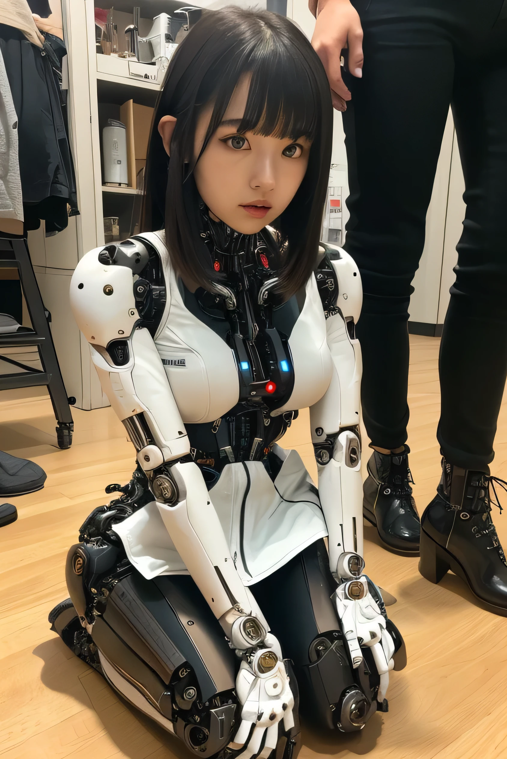 masterpiece, best quality, extremely detailed, Japaese Cyborg Girl,Plump , White boots,control panels,android,Droid,Mechanical Hand, ,clothes with a sense of mechanical technology, Robot arms and legs, Black Robot Parts,Black hair,Mechanical body,dress shirt,long vest,Blunt bangs,White abdomen,White robotics parts,perfect robot woman,future laboratory,cyber pank,charging spot,laboratory,long tube,thick cable connected her neck,kneel on the floor,bowing,ceramic body ,mechanical body,blue eyes,android,robot humanoid