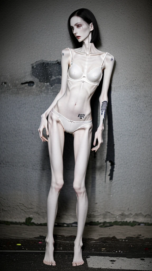 a woman, very thin body, body visible bones, very slender, pale white skin, panties, bra,tatto, full body, has a mental breakdown in an underground prison.
