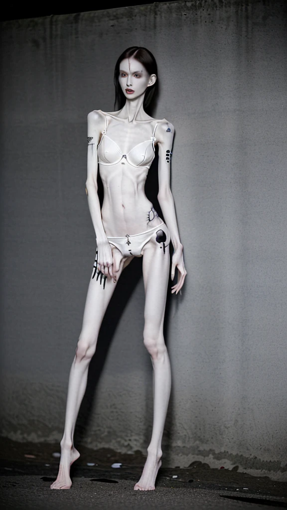 a woman, very thin body, body visible bones, very slender, pale white skin, panties, bra,tatto, full body, has a mental breakdown in an underground prison.