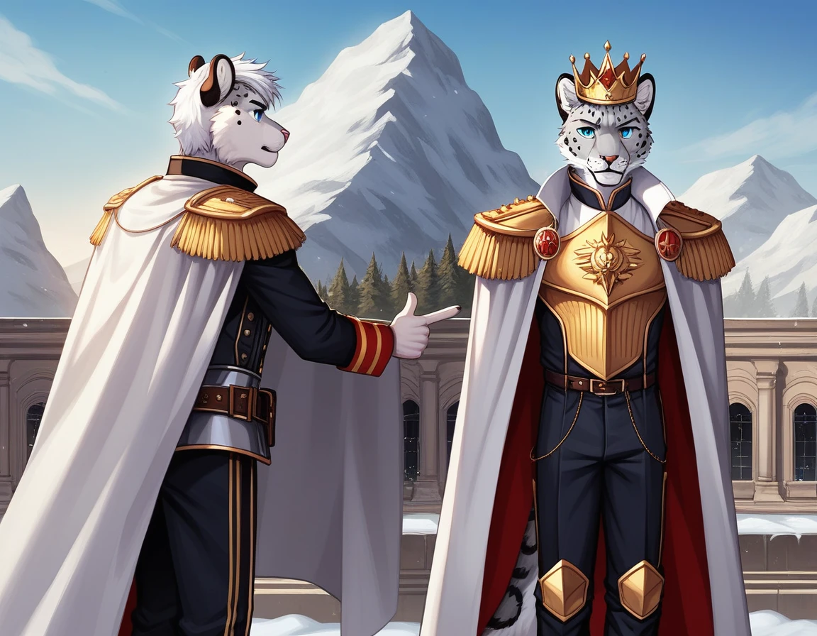 Score_9, score_8_up, score_7_up, source_cartoon, Anthro male, snow leopard, short white hair, blue eyes, wearing regal kings outfit, kings top, elegant slacks, crown, wearing silver armor, white cape, young, tall and slender, portrait, standing, pointing to a battlefield, many soldiers in the background marching, huge army in the background, outdoors, side view