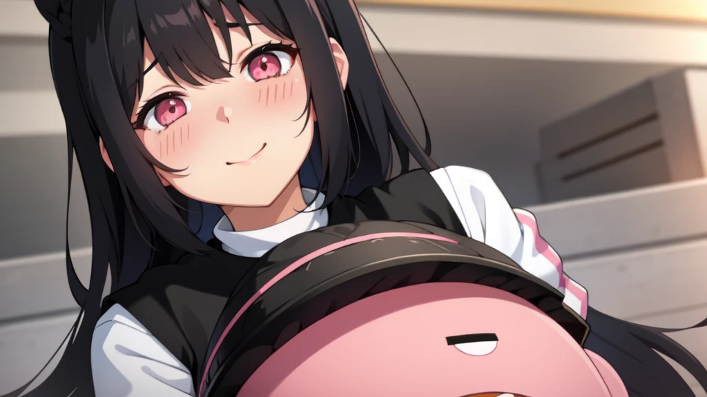 One girl,Black Hair,Pink eyes,(blush:1.1)、Shy open-mouthed face、 ((Heavy breathing:1.3)), like, smile、Big Breastaid clothes)、whole body