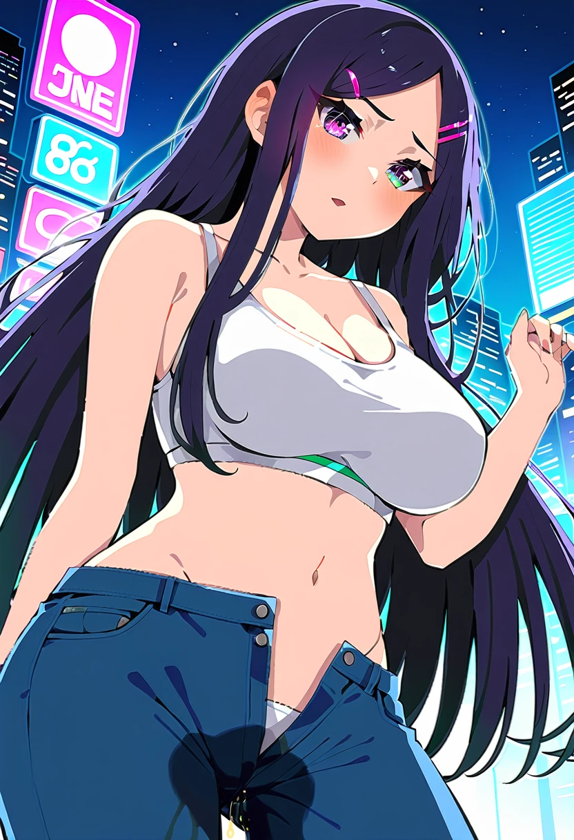 (masterpiece:1.37), best quality, (extremely detailed:1.37), woman, mature, (adult:1.5), large breasts, very long hair, (straight hair:1.5), dark purple hair, purple eyes, (extremely detailed eyes:1.37), crop top, cleavage, navel, jeans, open fly, (groin:1.25), desperation, (wetting: self 3.0), standing, city, futuristic, neon lighting, high-tech, street