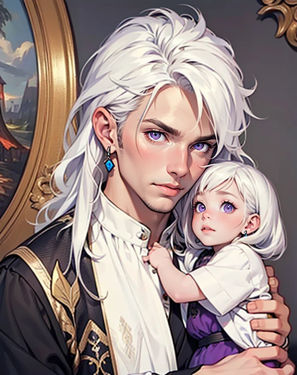 ((masterpiece)), (((best quality))), 1 male, pale white skin, long white hair, handsome man, violet eyes, earrings, realistic medieval clothing, portrait, detailed face, cradling a baby with white hair, highest quality, highly detailed, original, high resolution CG Unit 8k wallpaper, (best quality, artwork, masterpiece, 4k)