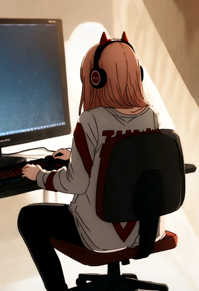 1 anime girl, wearing a shirt with the name harl written big on it, in the back, sitting on a chair, Wearing Headphones, playing on pc, focused on the game, with blue and red particles around.,studiando