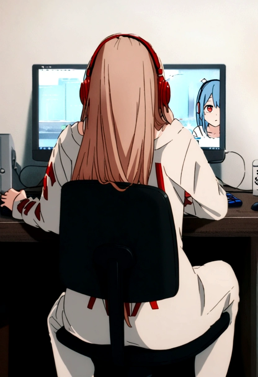 1 anime girl, wearing a shirt with the name harl written big on it, in the back, sitting on a chair, Wearing Headphones, playing on pc, focused on the game, with blue and red particles around.,studiando