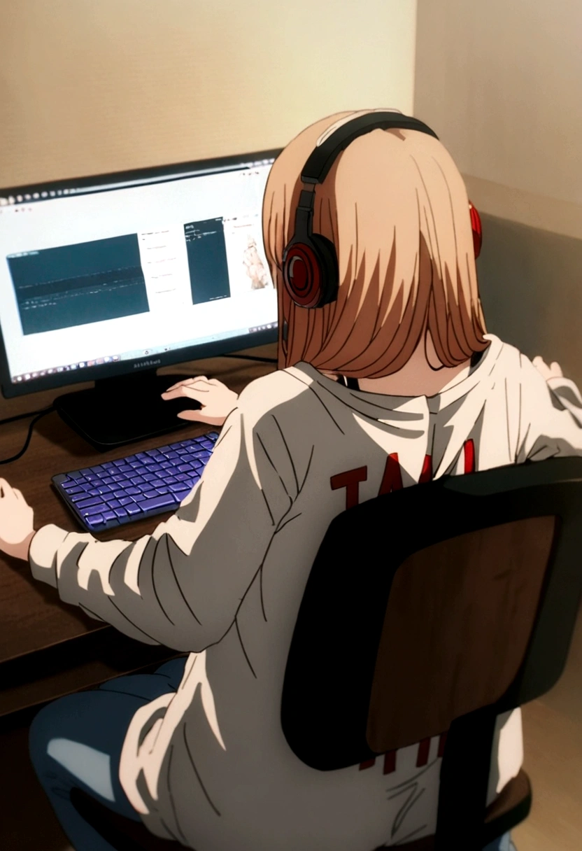 1 anime girl, wearing a shirt with the name harl written big on it, in the back, sitting on a chair, Wearing Headphones, playing on pc, focused on the game, with blue and red particles around.,studiando