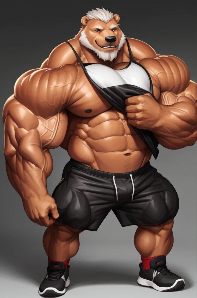 solo, 1boy, perfect anatomy, perfect proportion, smile, grinning, big eyes, happy. Bulging muscle:1.2, Huge Muscular Old Grizzly Bear wearing black gym shorts with short hair ,(black shorts), shirtless and topless view from side, pectoral, thick arms, huge pectoral, wide pectoral, white hair, brown fur, white beards, simple background, masterpiece, semirealistic:1.2, high detailed, 8k, high resolution, perfect center, full view. ((really big muscle, massive muscular, thick arms, wide pectoral, super huge muscle, hyper muscular, over sized muscle, huge arms, big arms, brown thick fur, huge pectoral)), gym shoes 