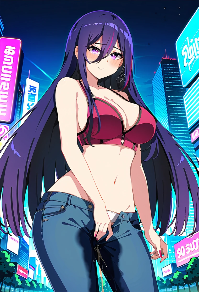 (masterpiece:1.37), best quality, (extremely detailed:1.37), woman, (mature:1.5), adult, large breasts, very long hair, (straight hair:1.5), dark purple hair, purple eyes, (extremely detailed eyes:1.37), crop top, cleavage, navel, jeans, open fly, (groin:1.25), desperation, (wetting: self 3.0), standing, city, futuristic, neon lighting, high-tech, street, masturbation