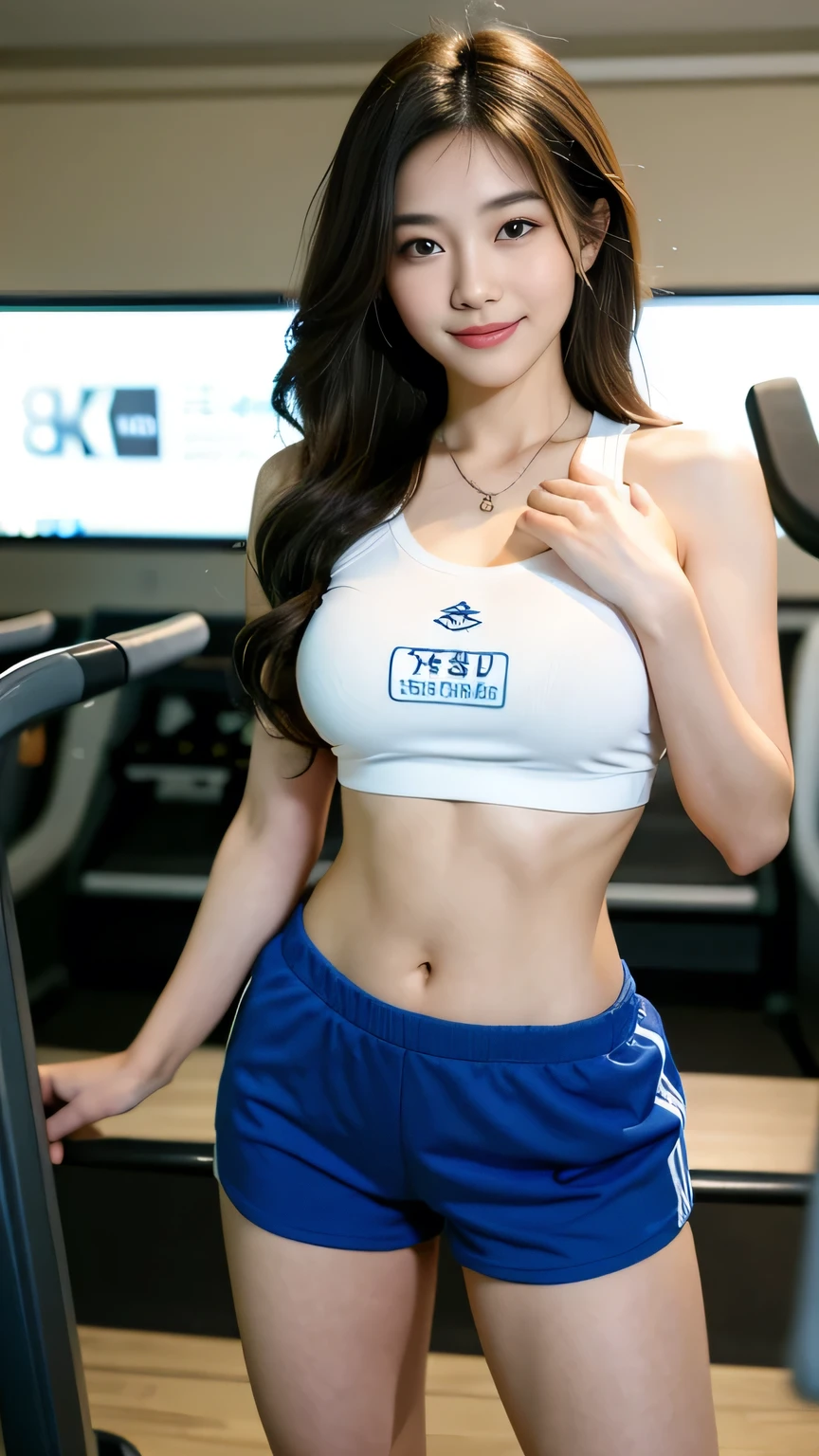 seed:381696201((Highest quality, 8K, masterpiece: 1.3)), concentrated: 1.2, Cute girl 1,Nipples erect、 Perfect beauty: 1.4,T-Shirts、Shorts、Randall Color:1.1, Highly detailed face and skin textures, Fine grain, double eyelid, whitening skin, ,Highest quality,Ultra-high resolution,you,1 girl,alone,_Shiny_skin,Iris,necklace,((brown_length_Wavy_hair)),(lips)),eyelash,Front hair,deal with,compensate,Shiny,pore,skin texture,Large Breasts、smiling face、A beautiful 20-year-old Japanese woman working as a temporary staff member runs on a treadmill in a modern gym. The scene depicts an energetic and active atmosphere, with the woman in athletic wear, focused and determined. The gym background includes other fitness equipment and a spacious, bright environment.