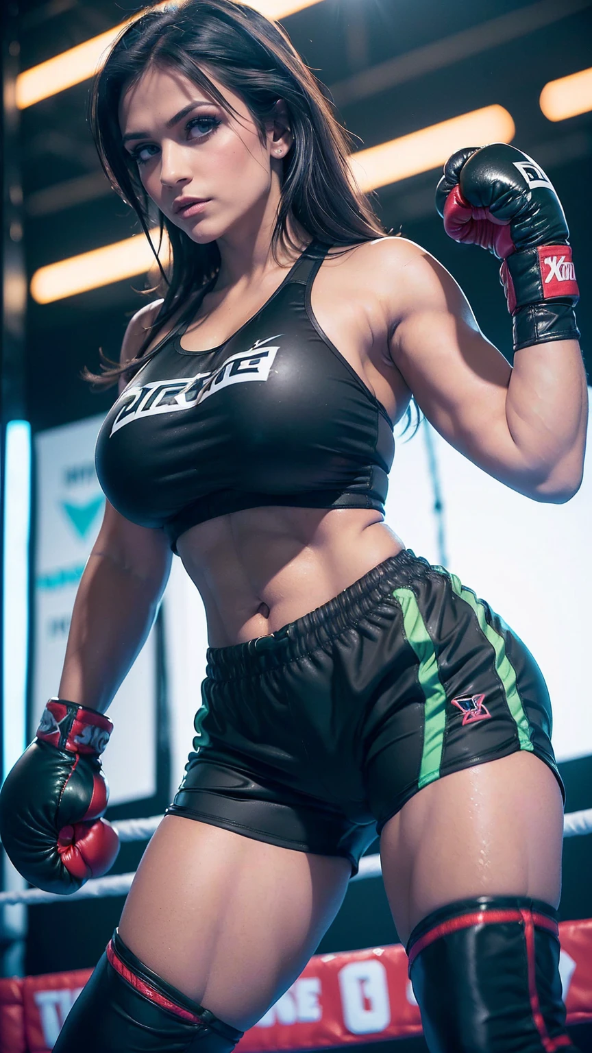 Busty DeniseMilani, tanned skin, cute, sexy, bimbo, sexy attractive face, jet-black hair, green eyes, ((black boxing shorts:1.3)), (skimpy boxing shorts:1.3)), ((boxing boots)), ((thicc:1.5)), ((muscular legs:1.3)), ((thick thighs)), firm perfectly round butt, intimidating pose in a boxing ring, ((sexy black boxing shorts:1.3)), (full body portrait:1.3),