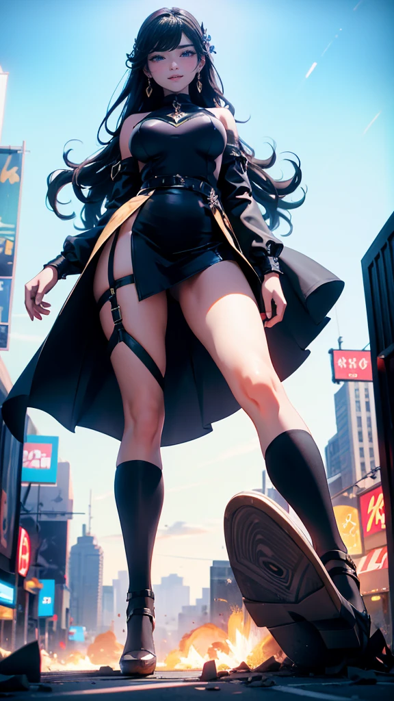 Ground View,giantesscity,giant girl 500 feet high,skyscrapers,Have a pair of ultra long legs,stepping in the crowd,many people in street,a pair of huge breasts,Princess,mini skirt,black silk socks,Has black waist-length hair,Wearing a pair of Mary Jane heels,A look of enjoyment,standing on a ruins,Beautiful appearance,Exquisite makeup,quality,8k,高quality,Perfect proportion, Cinema lighting,film grain,Fuji colors,8k,textured skin,Super details,high detail,high quality,high resolution,explode,fake smile