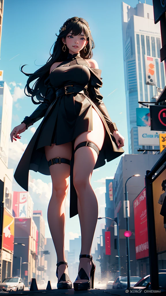 Ground View,giantesscity,giant girl 500 feet high,skyscrapers,Have a pair of ultra long legs,stepping in the crowd,many people in street,a pair of huge breasts,Princess,mini skirt,black silk socks,Has black waist-length hair,Wearing a pair of Mary Jane heels,A look of enjoyment,standing on a ruins,Beautiful appearance,Exquisite makeup,quality,8k,高quality,Perfect proportion, Cinema lighting,film grain,Fuji colors,8k,textured skin,Super details,high detail,high quality,high resolution,explode,fake smile