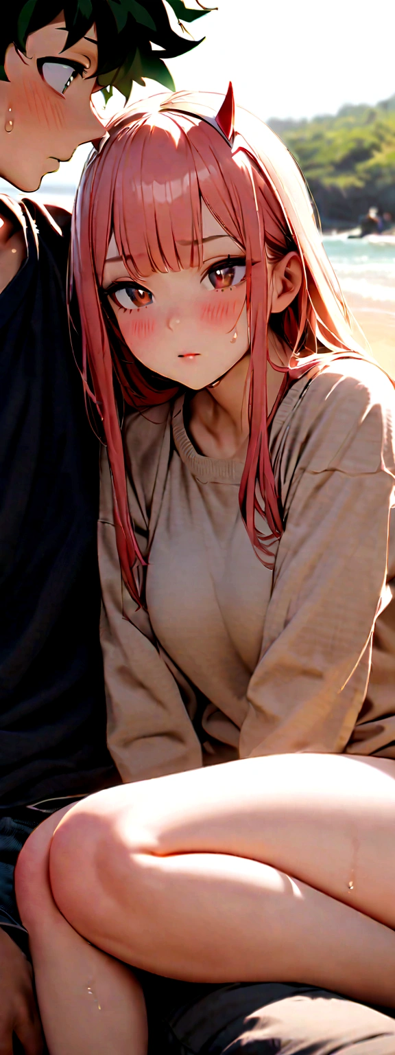 Zero two, 1girl, Zero two naked_,_:, Izuku from Banha, izuku and Zero two being a lovey dovey couple very affective in a beach, izuku with pants and pullover, love , happy, ,1girl, He sits, Kissing being hit by a man's crotch, sweat wet skin, female body sculpting, thighs, ultra realistic lighting, ultra realistic nude photo