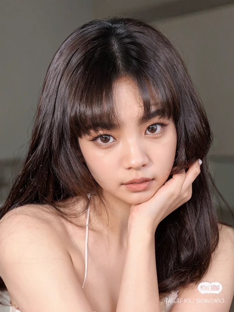 Jennie kim, wavy black hair, full lips, doll lips, large eyes,rosy cheeks and reddish lips
