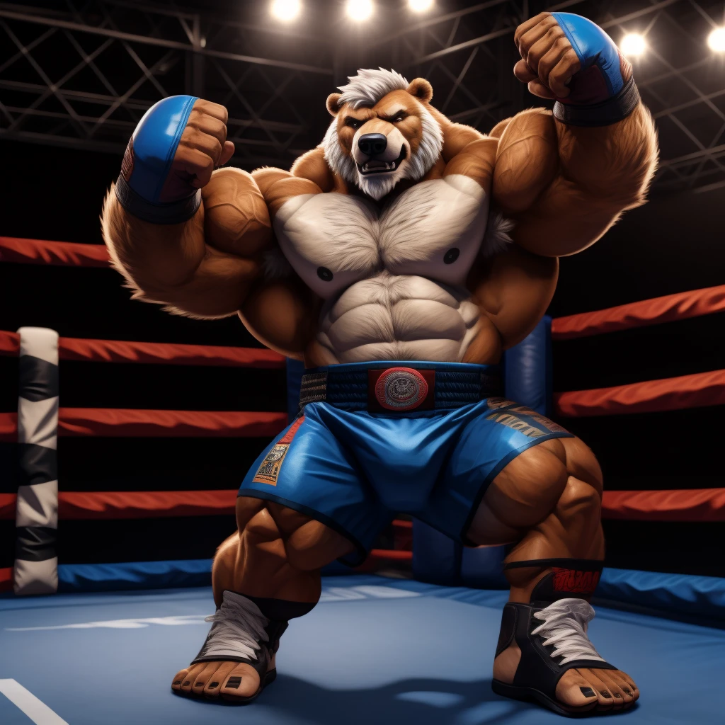 solo, 1boy, Huge Muscular Old Grizzly Bear wearing kickboxing MMA belt , thick pectoral, thick arms, huge pectoral, wide pectoral, hige brown fur, short white hair, Kickboxing MMA shorts, kickboxing MMA gloves, Kickboxing MMA Footwear 5 toes and shirtless, bearded, Kickboxing Martial Arts Cage Tournament background, masterpiece, semirealistic:1.2, high detailed, 8k, high resolution, uppercut punch