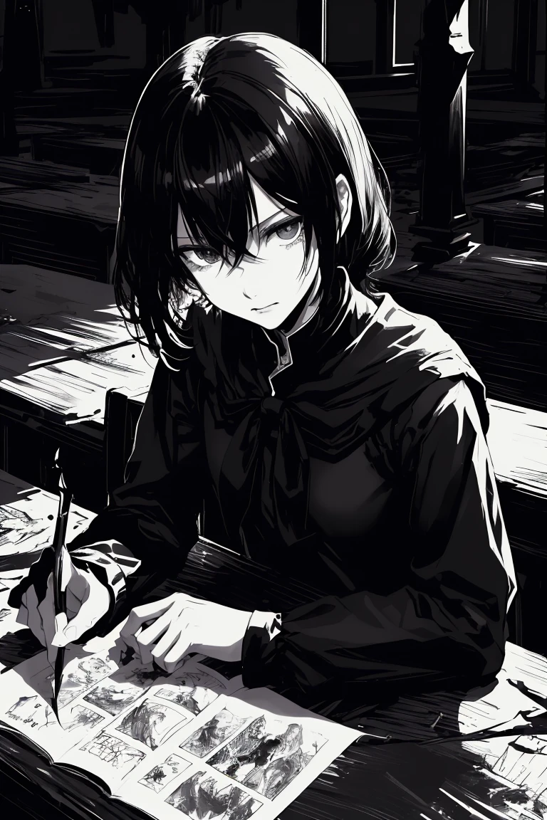 style v5lcn,ink art,(Best quality,table:1.2),(black and white comic core:1.1),(extremely high contrast),Dark ink,1 girl in,Dark-haired,Shadow on the face、8 k,Permission,high school student,sailor uniform,