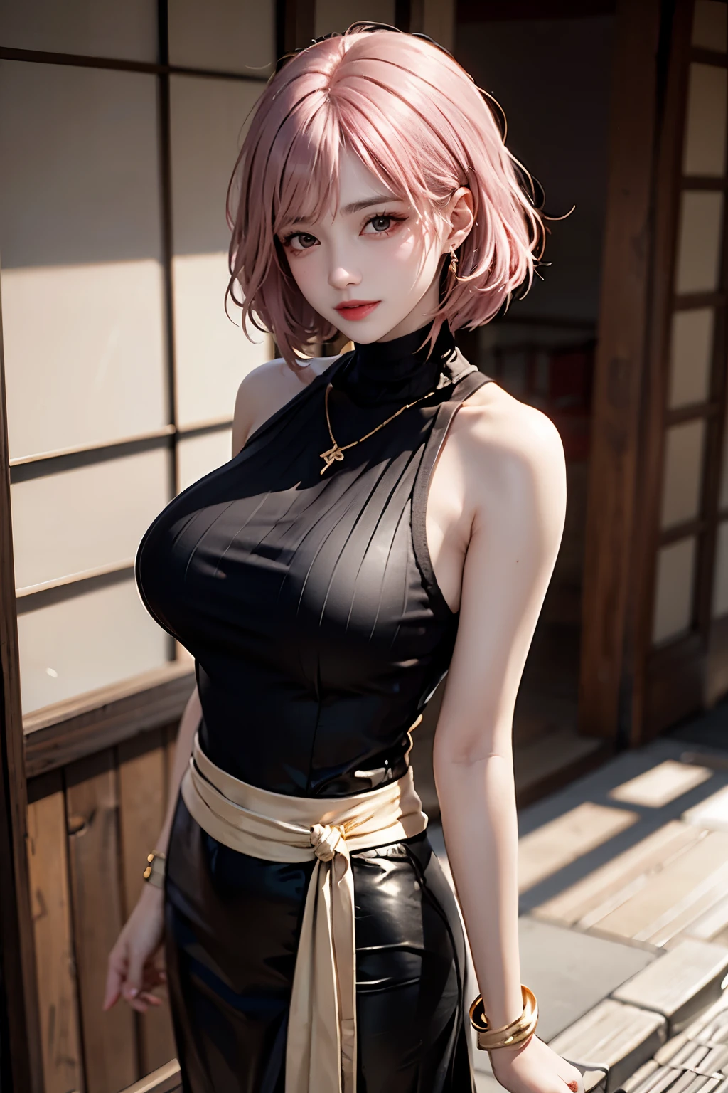 Women, early 20s, short silky pink hair with yellow tips, gold armlet, gold bracelet, golden eyes, seductive look, golden hair pins, black turtle neck sweater, black Japanese skirt, sleeveless, golden key necklace, standing up, big breast.