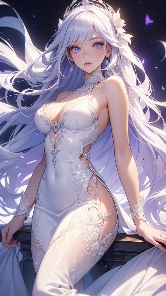 Extremely long white hair, purple iris eyes, dreamiest female figure, gorgeous  girl. Gorgeous white mermaid fit and flare wedding dress,  with beautiful lace details with a matching vail.