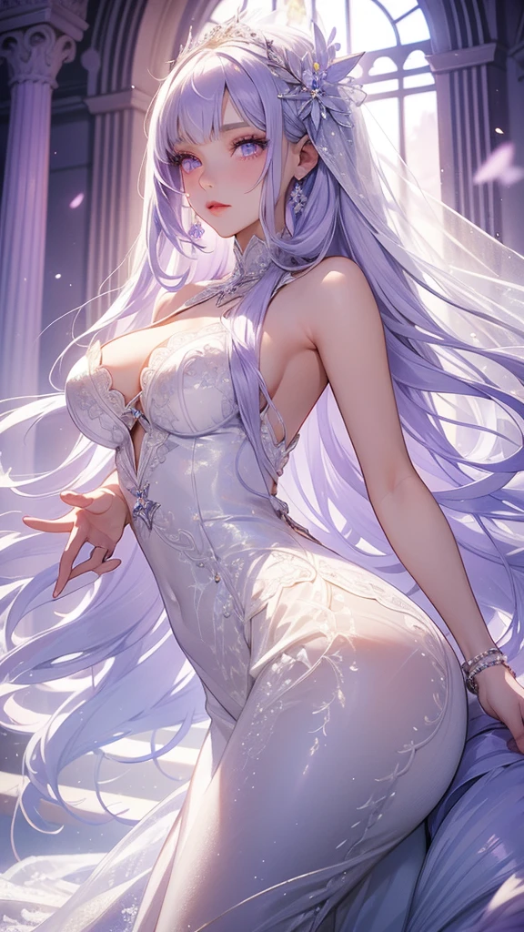 Extremely long white hair, purple iris eyes, dreamiest female figure, gorgeous  girl. Gorgeous white mermaid fit and flare wedding dress,  with beautiful lace details with a matching vail.