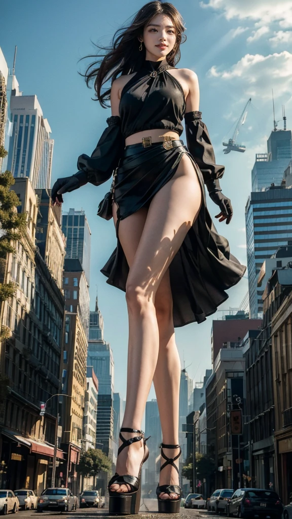Ground View，giantesscity,giant girl 500 feet high，skyscrapers,Have a pair of ultra long legs,stepping in the crowd，many people in street,a pair of huge breasts，Princess，mini skirt,black silk socks，Has black waist-length hair，Wearing a pair of Mary Jane heels，A look of enjoyment，standing on a ruins，Beautiful appearance，Exquisite makeup，quality，8k，高quality，Perfect proportion, Cinema lighting，film grain，Fuji colors，8k，textured skin，Super details，high detail，high quality，high resolution，explode，fake smile