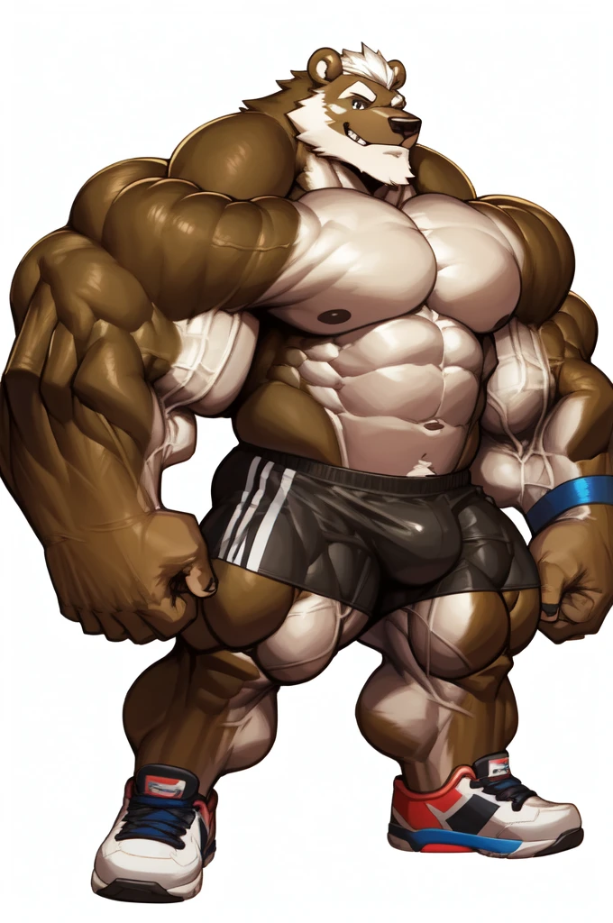 solo, 1boy, perfect anatomy, perfect proportion, smile, grinning, big eyes, happy. Bulging muscle:1.2, Huge Muscular Old Grizzly Bear wearing black gym shorts with short hair ,(black shorts), shirtless and topless view from side, pectoral, thick arms, huge pectoral, wide pectoral, white hair, brown fur, white beards, simple background, masterpiece, semirealistic:1.2, high detailed, 8k, high resolution, perfect center, full view. ((really big muscle, massive muscular, thick arms, wide pectoral, super huge muscle, hyper muscular, over sized muscle, huge arms, big arms, brown thick fur, huge pectoral)), gym shoes