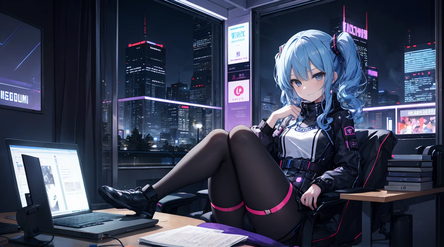 one-girl,byself,Girl with medium straight blue hair,dishiveredhair,hair straight,blue color eyes,cyber punk personage,the night,beside a window , night city background,Digital punk, Anime style 4k, Short-sleeved game suit,sit in a gaming chair,in a bedroom,Computer,black pantyhoses,hoshimachisuisei, suisei hoshimachi、The character is centered
