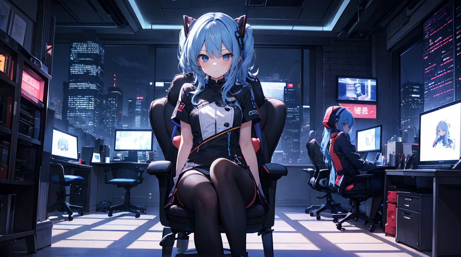 one-girl,byself,Girl with medium straight blue hair,dishiveredhair,hair straight,blue color eyes,cyber punk personage,the night,beside a window , night city background,Digital punk, Anime style 4k, Short-sleeved game suit,sit in a gaming chair,in a bedroom,Computer,black pantyhoses,hoshimachisuisei, suisei hoshimachi、The character is centered