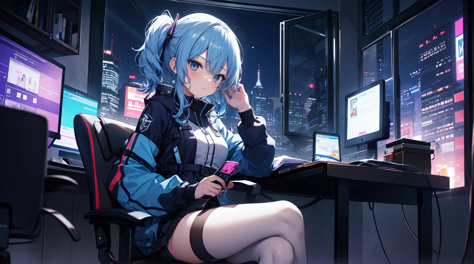 one-girl，byself，Girl with medium straight blue hair，dishiveredhair，hair straight，blue color eyes，cyber punk personage,the night，beside a window , night city background，Digital punk, Anime style 4k, Short-sleeved game suit,sit in a gaming chair，in a  bedroom，Computer，black pantyhoses，hoshimachisuisei, suisei hoshimachi、The character is centered
