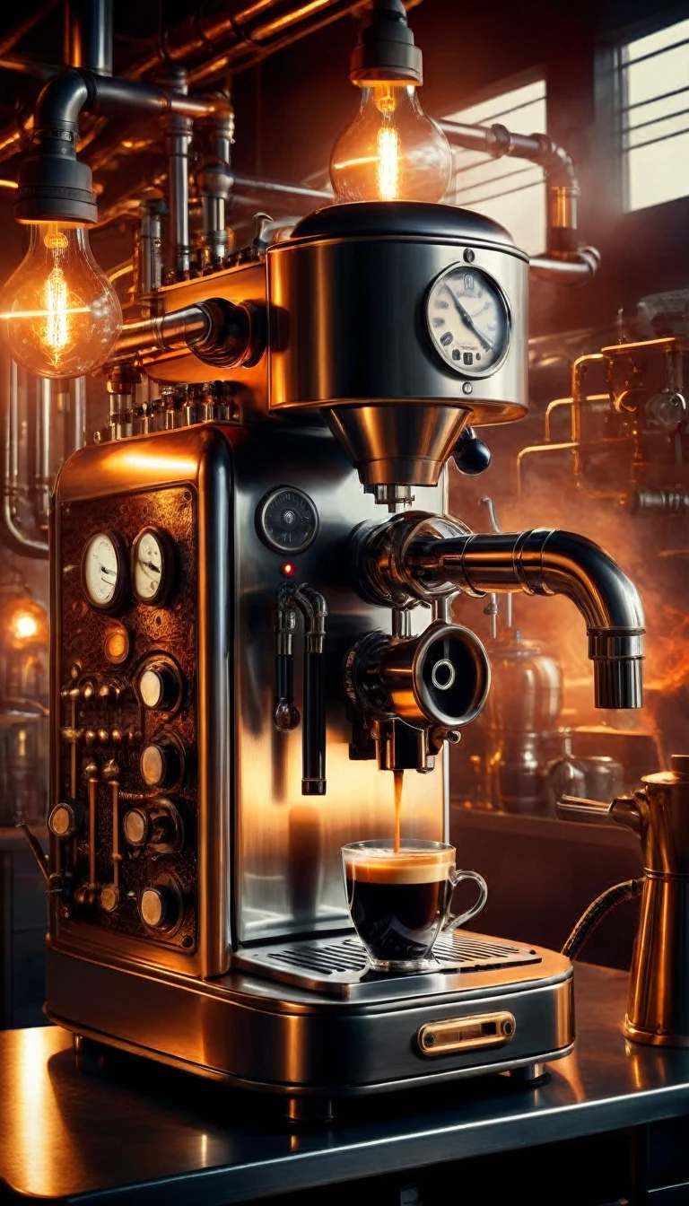 (Many Pipes AI:1.2) ,CoalPunk AI Coffee Machine  (Very detailed, A stunning retro-futuristic setting), (Shiny striking lighting), (Ultra-realistic, high quality, Very detailed, Sharp focus, 8K Ultra HD, Artistic photography), (Trending on Art Station)