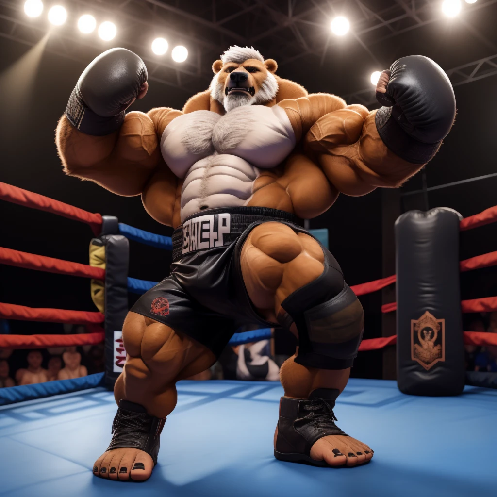 solo, 1boy, Huge Muscular Old Grizzly Bear wearing kickboxing MMA belt , thick pectoral, thick arms, huge pectoral, wide pectoral, hige brown fur, short white hair, Kickboxing MMA shorts, kickboxing MMA gloves, Kickboxing MMA Footwear 5 toes and shirtless, bearded, Kickboxing Martial Arts Cage Tournament background, masterpiece, semirealistic:1.2, high detailed, 8k, high resolution, uppercut punch