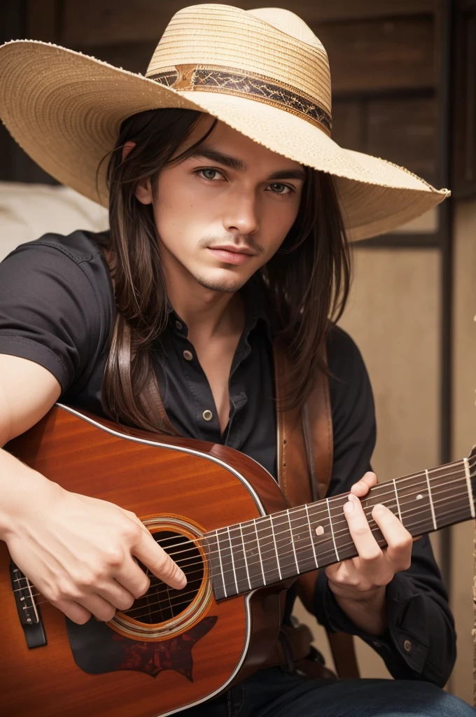 A guitar with a cowboy hat on top