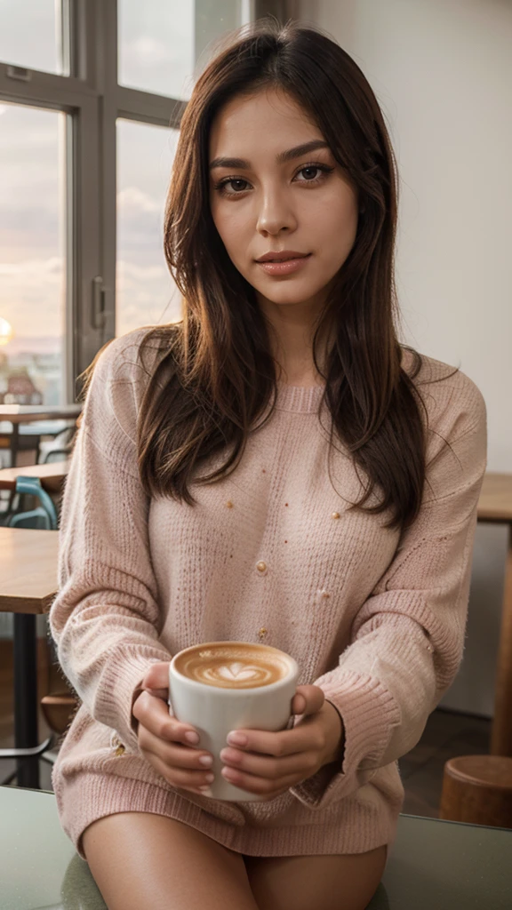 photorealistic, sharp focus, raw amateur photo, beautiful 25 yo asian woman, long brown hair, detailed skin texture & visible skin pores, (goosebumbs:0.7), skin blemish, looking at viewer, face focus, taken with mobile camera, wearing pink sweater (sipping coffee inside a modern café at sunset), very realistic