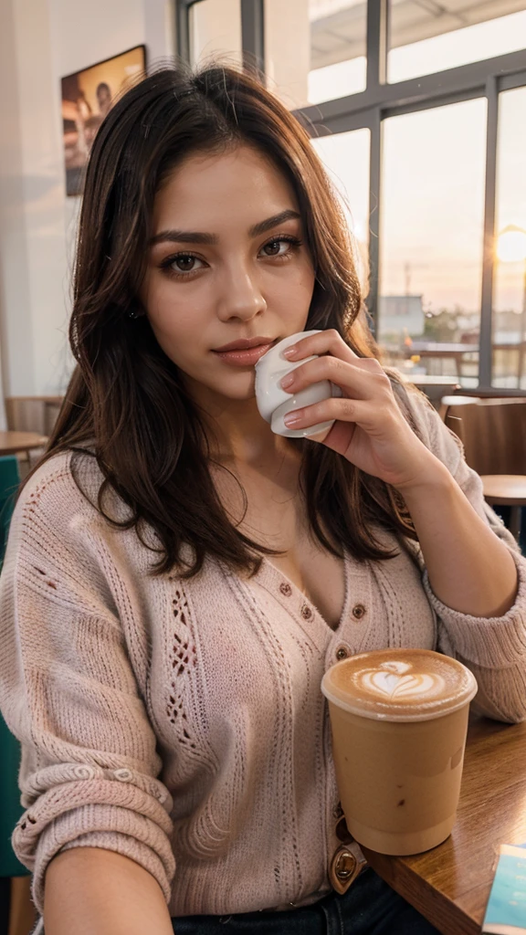 photorealistic, sharp focus, raw amateur photo, beautiful 25 yo asian woman, long brown hair, detailed skin texture & visible skin pores, (goosebumbs:0.7), skin blemish, looking at viewer, face focus, taken with mobile camera, wearing pink sweater (sipping coffee inside a modern café at sunset), very realistic