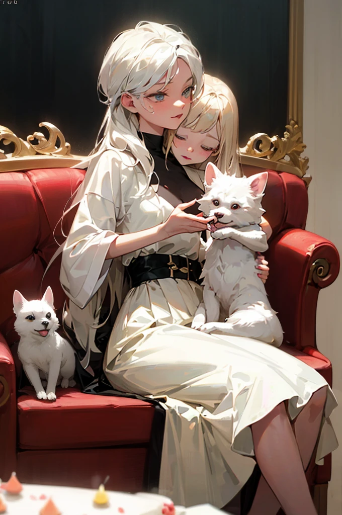 The woman is sitting on the sofa with a small white Pomeranian crawling on her lap, opposite a birthday cake, making a wish to the birthday cake, celebrating her birthday, she is about 1 6 years old, white skin, delicate facial features