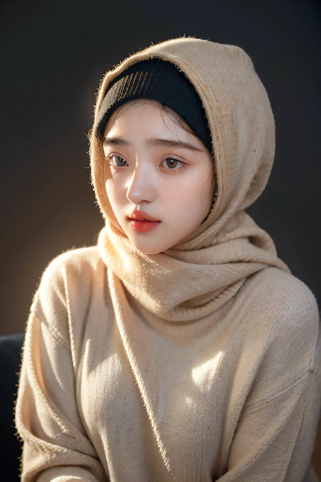 a 20 yo woman,hijab, sweater, dark theme, soothing tones, muted colors, high contrast, (natural skin texture, hyperrealism, soft light, sharp), simple background,